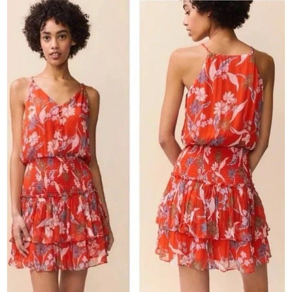 Anthropologie Dolan Portia Smocked Waist Mini Dress Red Floral Women's Size XS